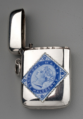 Victorian Silver and Enamel Malta Blue Stamp Vesta Case - Twopence Halfpenny